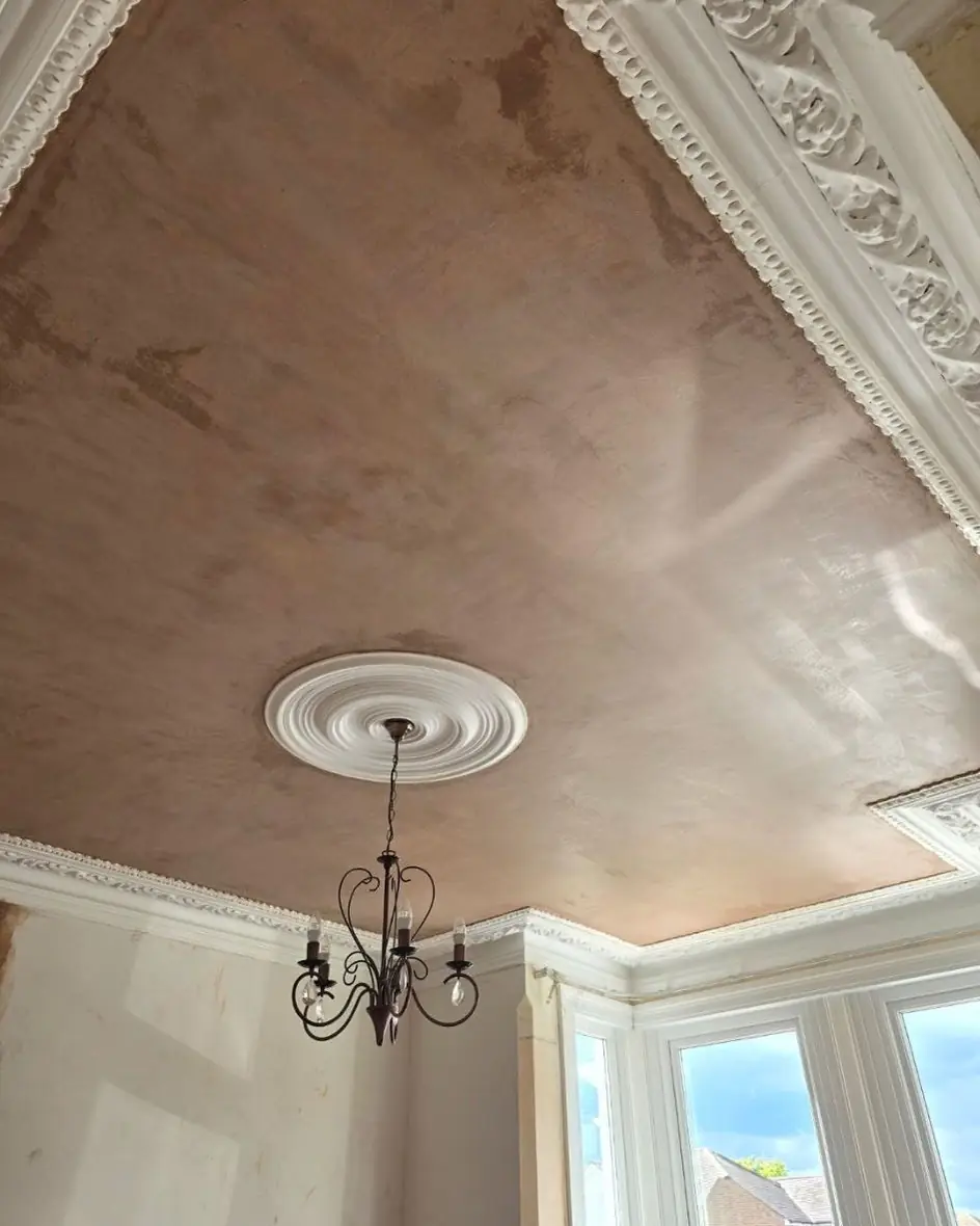 Ceiling freshly skimmed inside ornate period coving, around the ceiling rose, by ST Plastering & Rendering