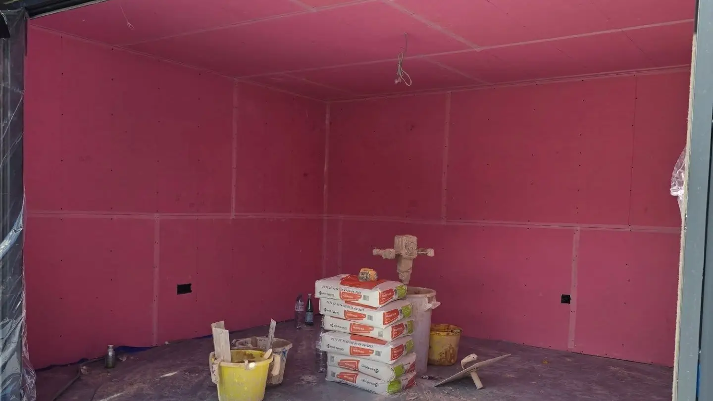Garden room boarded out in plasterboard, ready to skim, by ST Plastering & Rendering