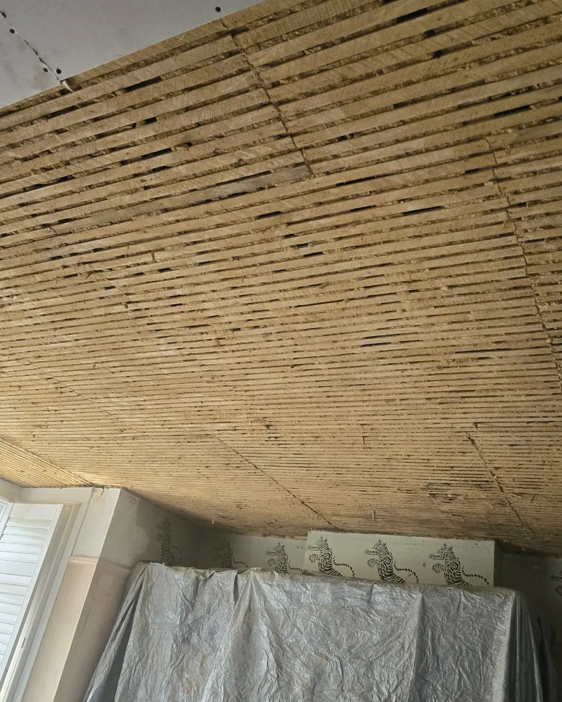 Old lath ceiling stripped back to the bare laths before reboarding