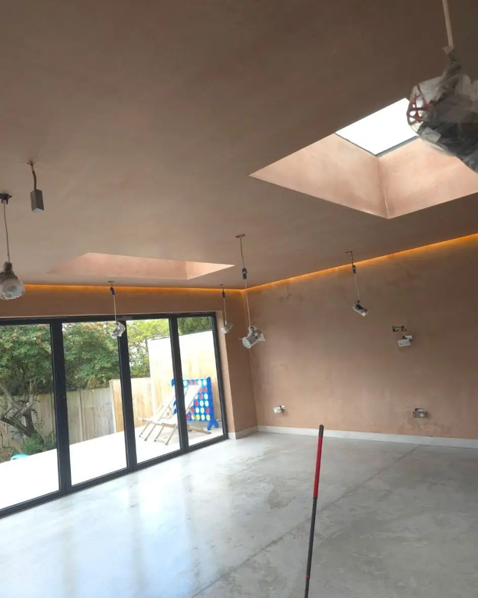 Kitchen extension plastered round the roof lights — ST Plastering & Rendering